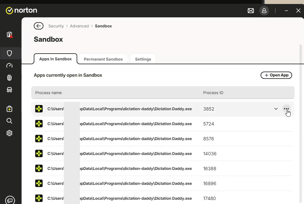 Norton's Apps in Sandbox tab listing seven Dictation Daddy processes running inside the sandbox