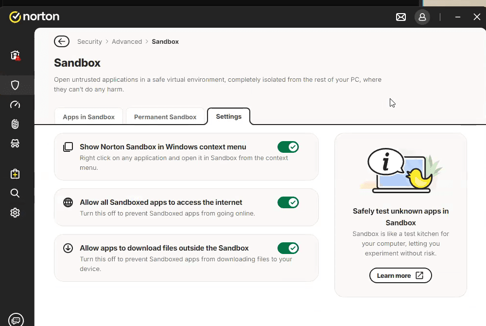 Norton's Sandbox screen, reached through Security then Advanced then Sandbox, showing the Apps in Sandbox, Permanent Sandbox and Settings tabs